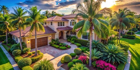 Fototapeta premium Aerial View Tropical House Facade Palm Trees Garden Luxury Home Real Estate Photography