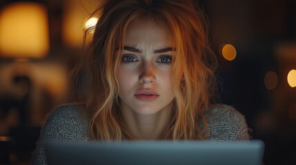Fototapeta premium A Young Woman Deeply Focused on Her Laptop Late at Night