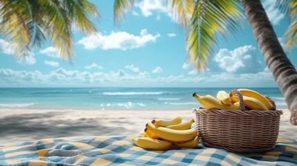 Obraz premium Tropical Beach Picnic with Basket of Bananas and Swaying Palm Trees.