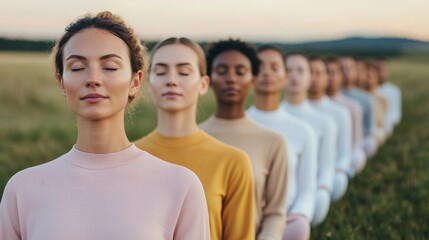 A serene line of diverse women standing peacefully in a field, showcasing unity and mindfulness in soft pastel colors.