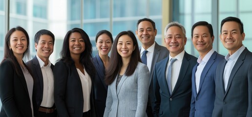 Diverse Business Professionals Smiling in Office with Light Blue Background and Bokeh Effect, Happy Team Collaboration and Communication