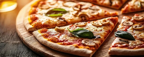 Delicious pizza slices on wooden board, topped with mushrooms and basil leaves.