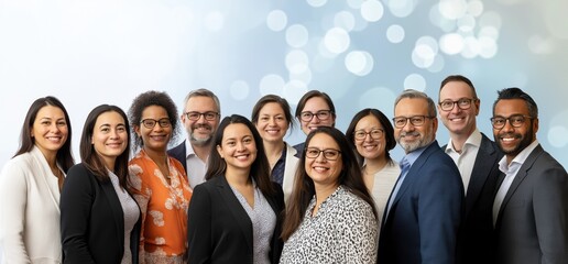 Diverse Business Professionals Smiling in Office with Light Blue Background and Bokeh Effect, Happy Team Collaboration and Communication