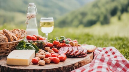 A picturesque outdoor picnic featuring cheese, cured meats, fresh tomatoes, nuts, and a glass of white wine on a wooden platter, all set against a lush green backdrop.