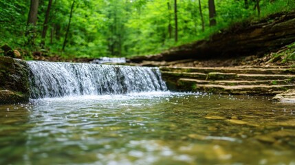 Obraz premium A tranquil stream flows over rocks in a lush green forest, surrounded by vibrant foliage and creating a serene natural landscape.