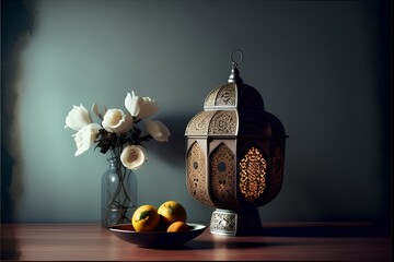 Lantern with flowers on a wooden table. 3d render