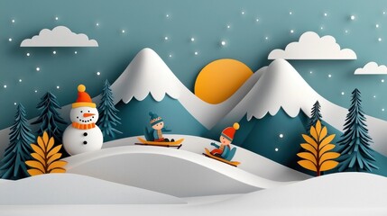 Enchanting Winter Landscape with Snowy Mountains Evergreen Trees and Festive Snowman  Scenic view of a snowy mountain range pine forests