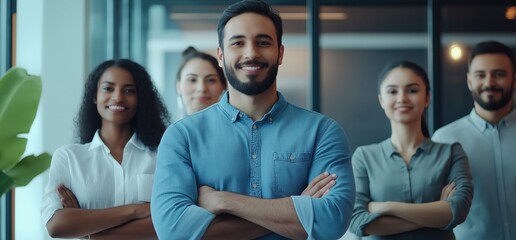 Diverse Business Professionals Smiling and Posed, Light Blue Background, Blurred Office Interior, Bright Lighting, Hyper-Realistic Happy Mood,