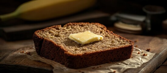 A slice of freshly baked banana bread with a pat of butter melting on top 