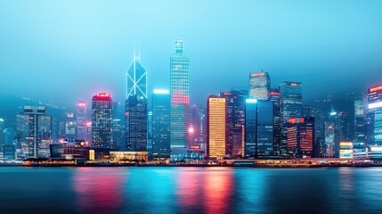 Fototapeta premium Stunning skyline featuring illuminated skyscrapers at night, reflecting on water.