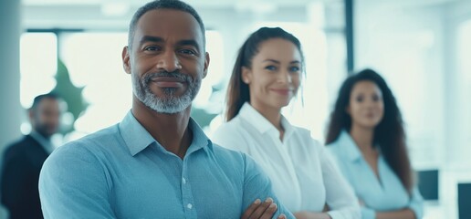 Diverse Business Professionals Smiling and Posed, Light Blue Background, Blurred Office Interior, Bright Lighting, Hyper-Realistic Happy Mood,