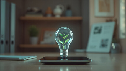 A sleek 3D hologram of a business idea Lightbulb with Plant Growing and Growth projected above a tablet in a futuristic workspace (1)