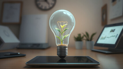 A sleek 3D hologram of a business idea Lightbulb with Plant growing and growth projected above a tablet in a futuristic workspace.