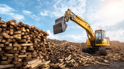 Obraz premium Excavator Loading Wood in Timber Yard Under Blue Sky