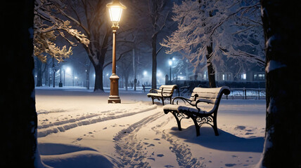 Naklejka premium Snowy park at night