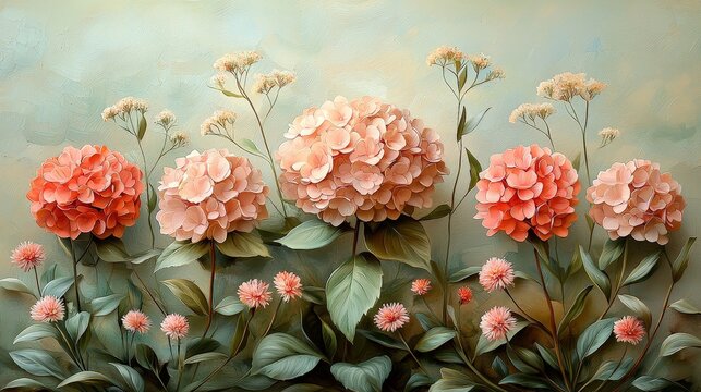 A vibrant floral painting featuring pink and coral hydrangeas against a soft background.