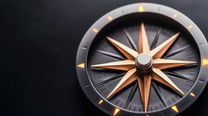 Organization structure and mission, A close-up of a compass, featuring a detailed star design, set against a dark background, symbolizing navigation and exploration.