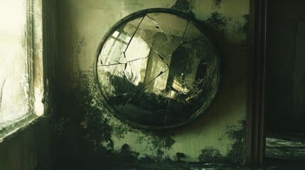 A broken, circular mirror hangs on a moldy wall in an abandoned building, reflecting the dilapidated interior.