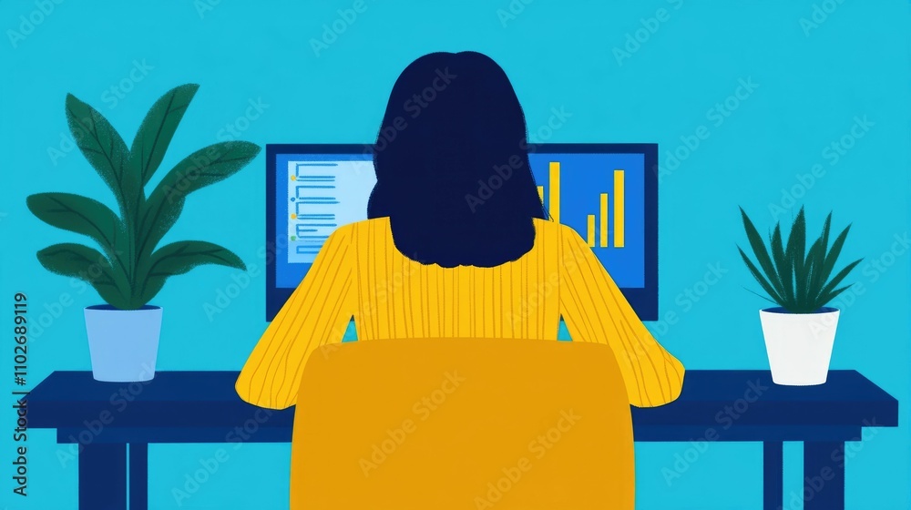 Poster a female data analyst working remotely collaborating with a diverse tech team on data analytics and 