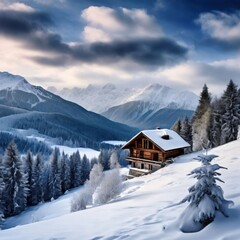 Fototapeta premium the AI Image Generator, Cozy Cabin in a Serene Snowy Mountain Landscape