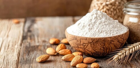 Almond flour in a wooden bowl with almonds on a rustic wooden table.