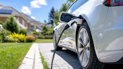 Electric vehicle charging station set up in a lush green residential landscape with a modern home in the background  Showcasing the of clean transportation technology and sustainable living