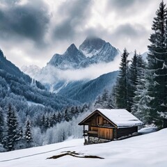 Fototapeta premium the AI Image Generator, Cozy Cabin in a Serene Snowy Mountain Landscape