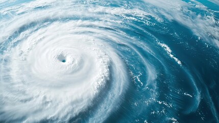 Aerial view of a powerful hurricane swirling over the ocean.