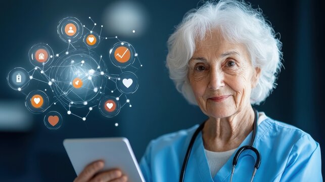 Smiling senior woman in blue medical scrubs using a tablet device for a telemedicine video consultation with a healthcare professional  Concept of remote medical care online diagnosis and treatment