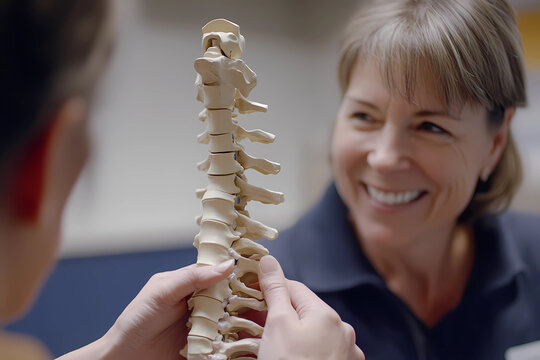 A physical therapist is smiling and holding an anatomical model of the spine while talking to her patient, close-up shot