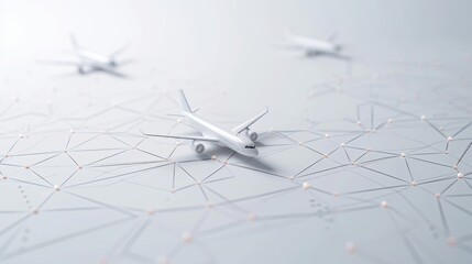 A minimalistic 3D rendering showcasing model airplanes on a connected network of nodes, symbolizing global air traffic and connectivity. AI generated.