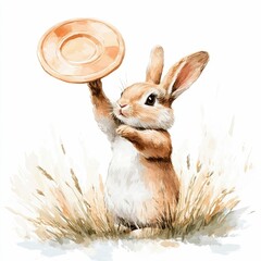 Adorable Watercolor of a Bunny Happily Throwing a in a Peaceful Pastel Meadow Perfect for Nursery Decor or Kids  Room