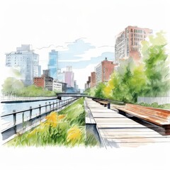 Fototapeta premium the AI Image Generator, Urban Walkway Through Vibrant Cityscape and Lush Greenery