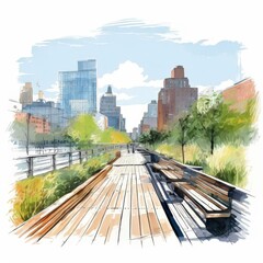 Fototapeta premium the AI Image Generator, Urban Walkway Through Vibrant Cityscape and Lush Greenery