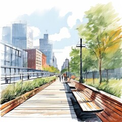 Fototapeta premium the AI Image Generator, Urban Walkway Through Vibrant Cityscape and Lush Greenery