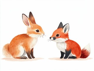 Fototapeta premium Charming watercolor of a bunny and fox racing on a track cheering each other on in a playful whimsical style with a pastel color palette perfect for a cozy nursery or children s room decor