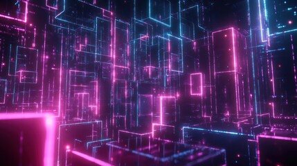 Abstract digital city with glowing pink and blue neon lines and cubes.