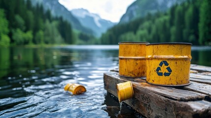 Fototapeta premium Sustainable environmental practices amid a tranquil nature landscape with a serene lake and wooden dock