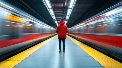 Person Waiting at Train Station with Motion Blur Effect