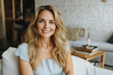 Obraz premium Cheerful middle-aged woman sitting on white couch in sunlit living room with elegant decor and natural beauty