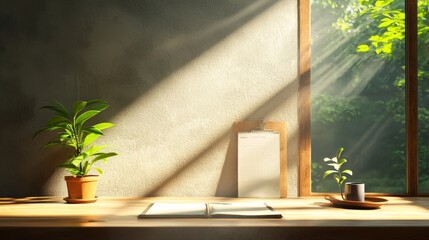 Cozy Creative Studio Bathed in Natural Sunlight with Lush Greenery, Inviting Atmosphere for Inspiration and Productive Work Sessions