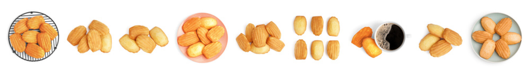 Set of sweet madeleine cakes on white background, top view