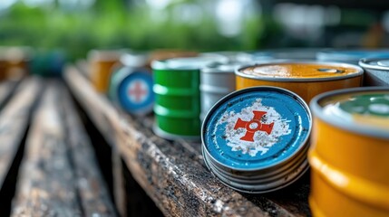 Naklejka premium Colorful arrangement of stacked recycled tin cans showcasing sustainable and eco friendly practices through the repurposing and reuse of everyday materials