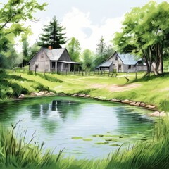 Fototapeta premium the AI Image Generator, Tranquil Countryside Creek With Rustic Cabins