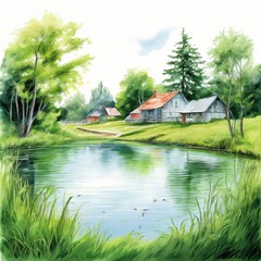 Obraz premium the AI Image Generator, Tranquil Countryside Creek With Rustic Cabins