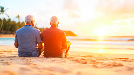 Fototapeta premium Two Senior Men Enjoying Sunset Together on a Tropical Beach