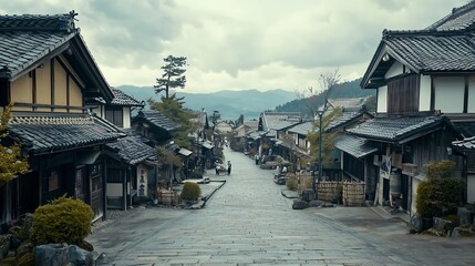 Naklejka premium Traditional Japanese Street with Old Wooden Buildings