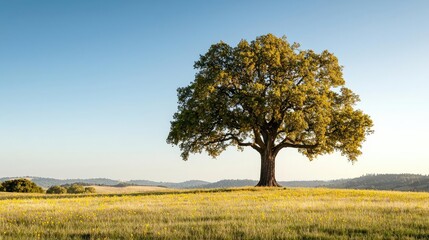 Lone tree stands majestically against a clear sky in vibrant green meadow.