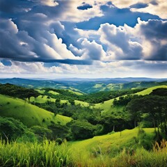 Naklejka premium the AI Image Generator, Breathtaking Tropical Sunset Over Lush Green Hills and Palm Trees