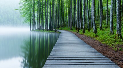 Fototapeta premium A serene wooden boardwalk winds through lush green trees beside a tranquil lake, enveloped in mist.
